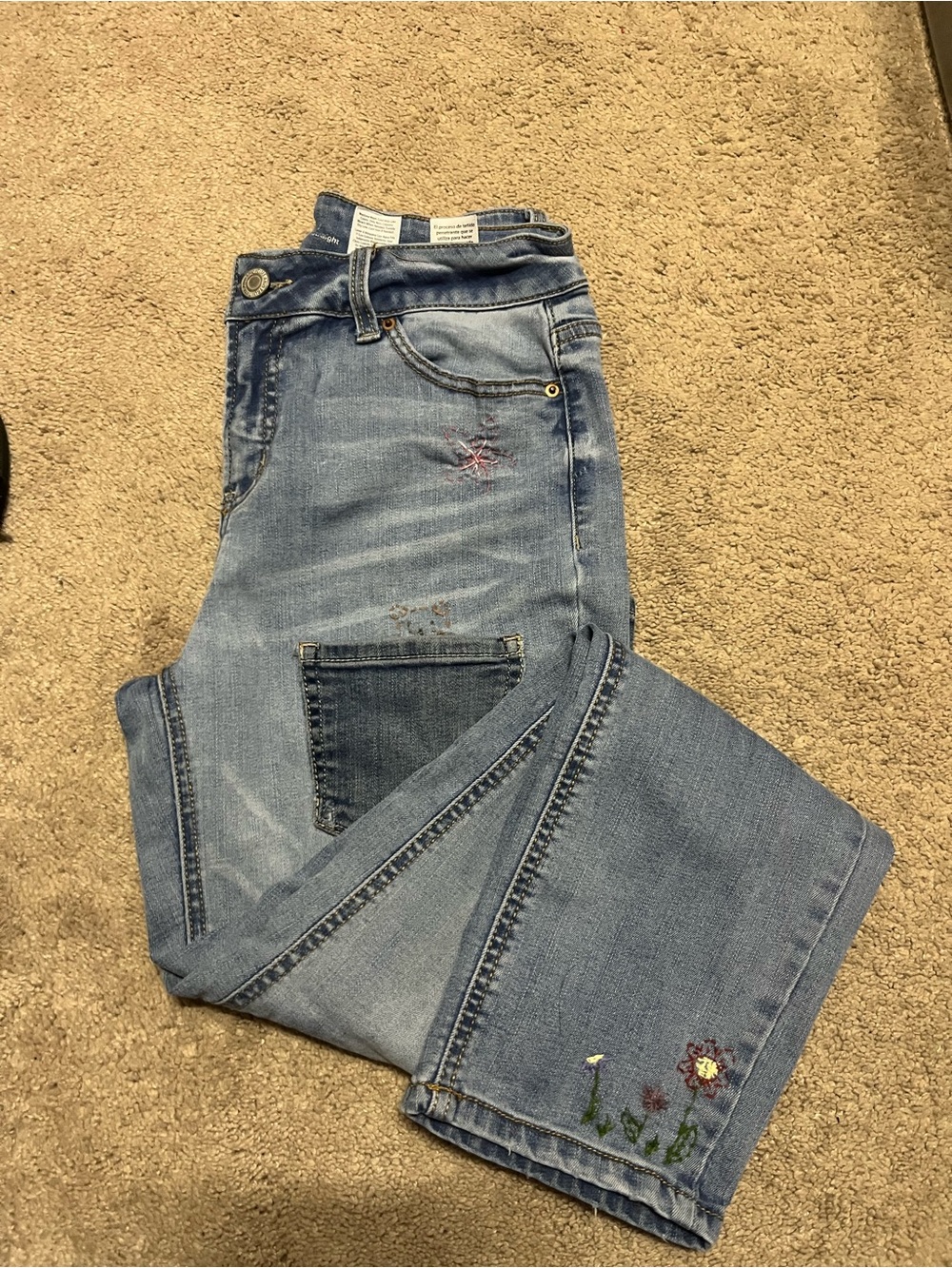Express Light Blue Flare Jeans with Floral Embroidery